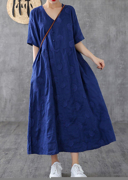 V Neck Embroidery Linen Dresses Tutorials Navy Dress