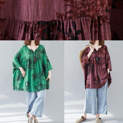 V Neck Linen Cotton Summerclothes Red Prints Dresses Shirts