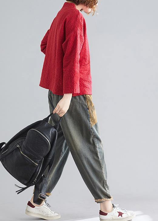 V Neck Pockets Cotton Spring Blouse Photography Red Top