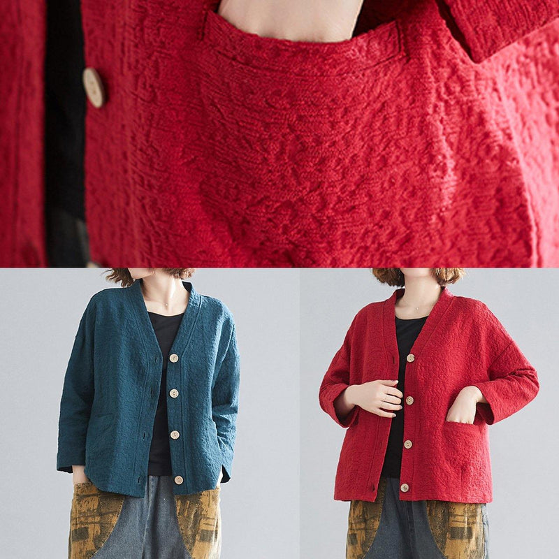 V Neck Pockets Cotton Spring Blouse Photography Red Top