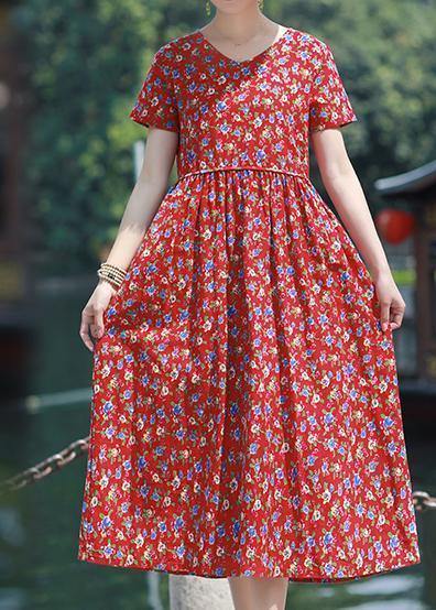 V Neck Pockets Linen Outfit Red Print Dresses Summer