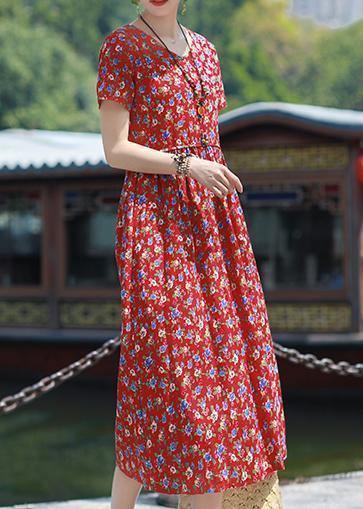 V Neck Pockets Linen Outfit Red Print Dresses Summer