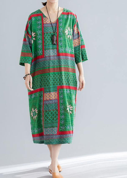 V Neck Side Open Cotton Pattern Green Print Maxi Dresses Summer
