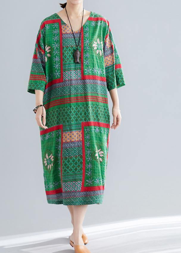 V Neck Side Open Cotton Pattern Green Print Maxi Dresses Summer