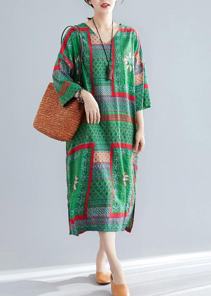V Neck Side Open Cotton Pattern Green Print Maxi Dresses Summer