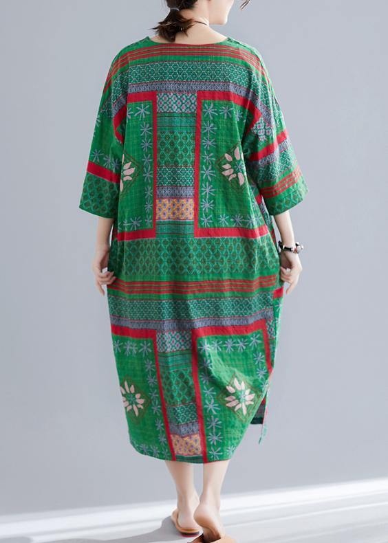 V Neck Side Open Cotton Pattern Green Print Maxi Dresses Summer