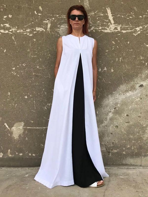 White Cotton Clothes for Sleeveless Patchwork Maxi Dresses