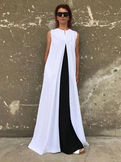 White Cotton Clothes for Sleeveless Patchwork Maxi Dresses