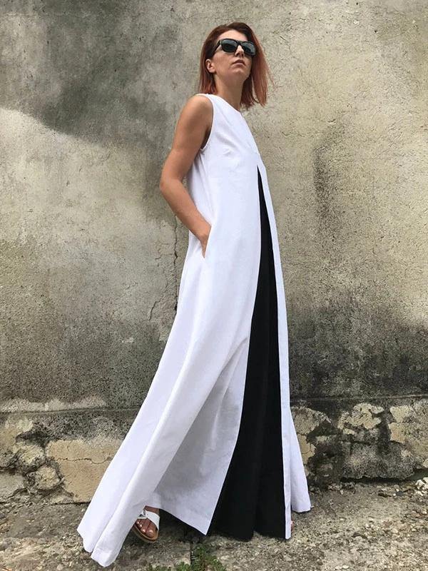 White Cotton Clothes for Sleeveless Patchwork Maxi Dresses