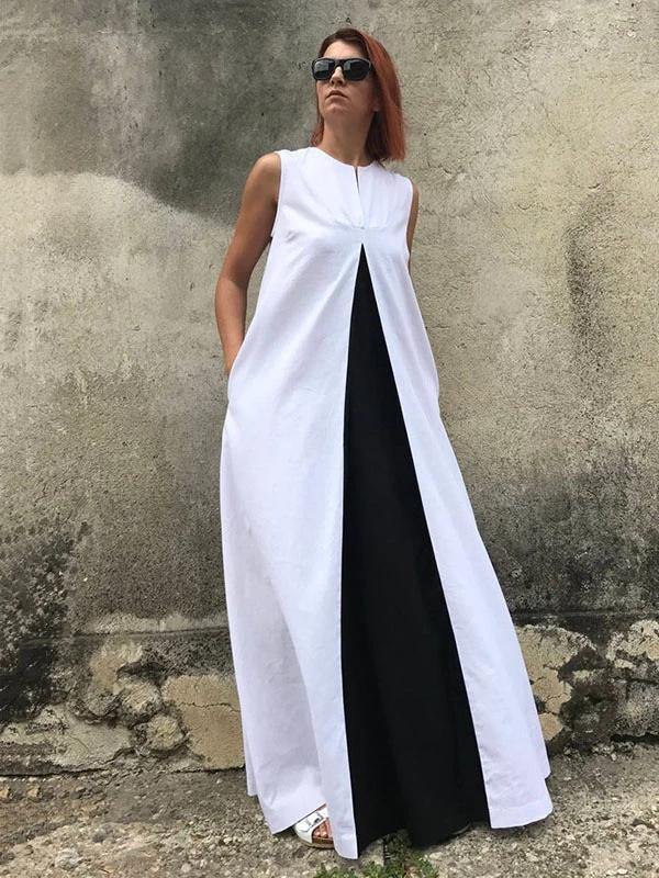 White Cotton Clothes for Sleeveless Patchwork Maxi Dresses