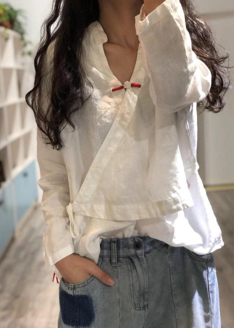 Print3 Linen Blouse V Neck Fall Top