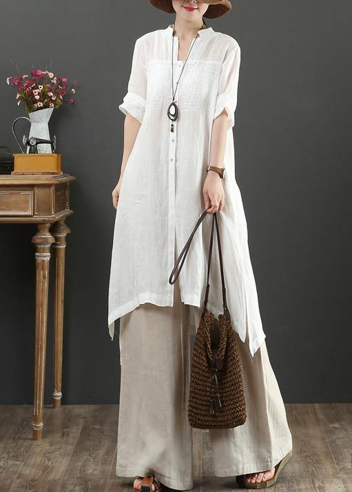 White Linen Crane Tops V Neck Tunic Summer Blouses