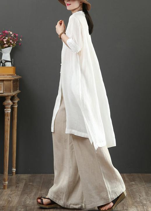 White Linen Crane Tops V Neck Tunic Summer Blouses