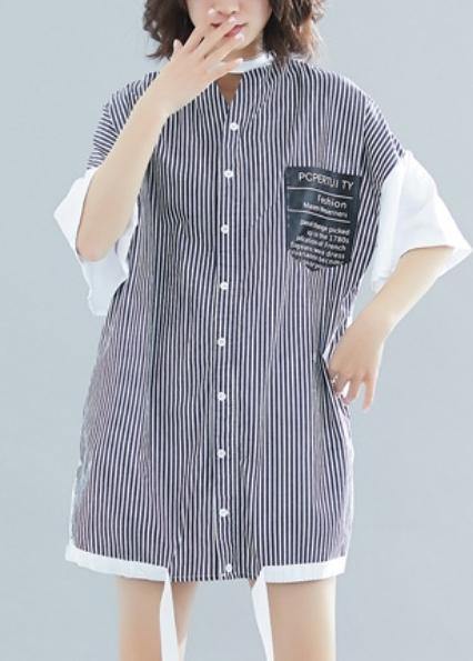 White Patchwork Striped Cotton Top O Neck Two Ways to Wear Tunic Dress