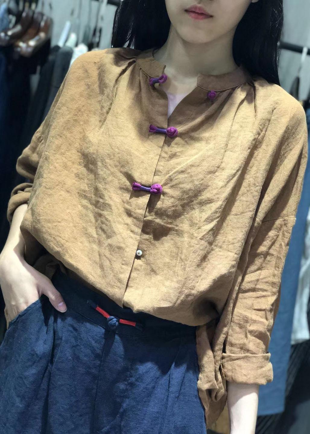 Bohemian white stand collar linen box top Chinese Button Plus Size Clothing fall top