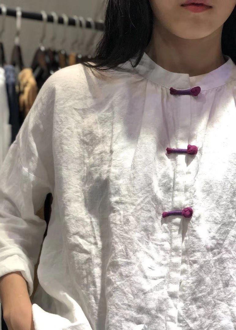 White Stand Collar Linen Box Top Chinese Button Clothing Fall Top