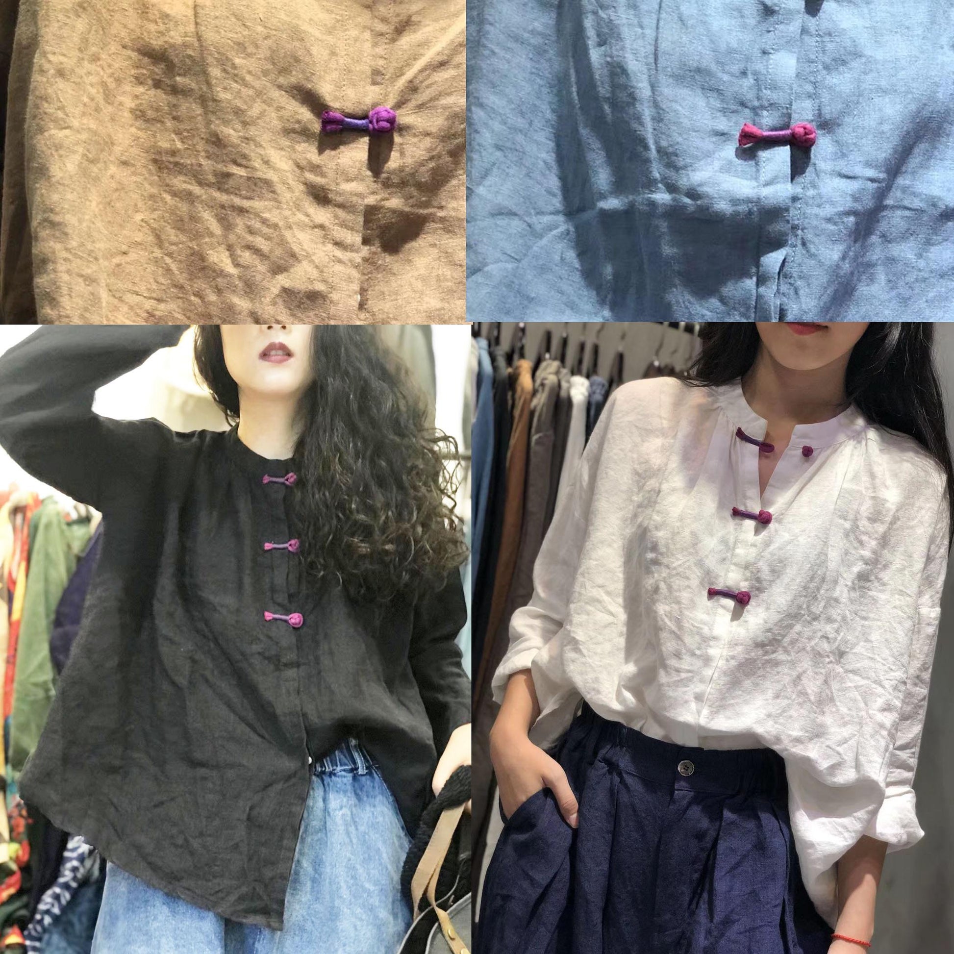 Bohemian white stand collar linen box top Chinese Button Plus Size Clothing fall top