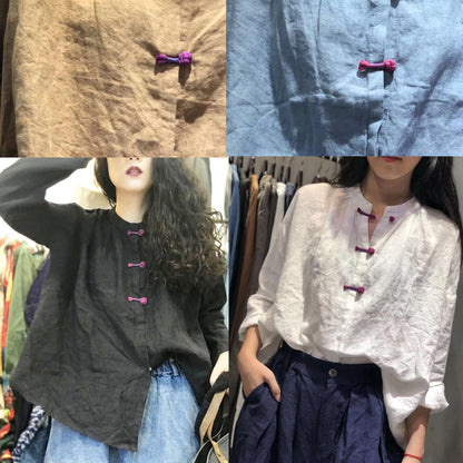Bohemian white stand collar linen box top Chinese Button Plus Size Clothing fall top