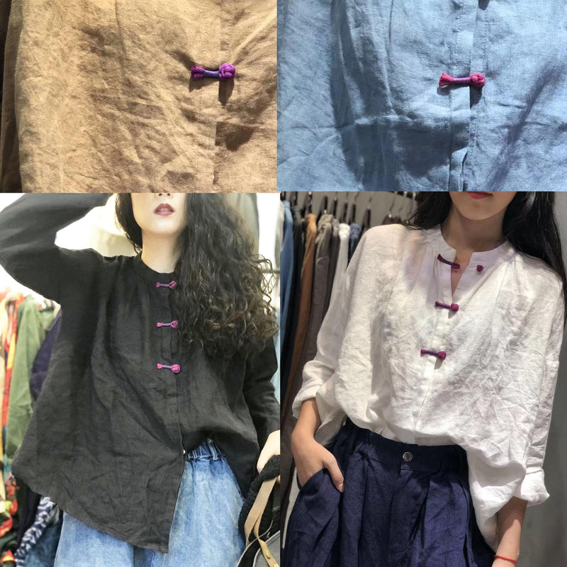 White Stand Collar Linen Box Top Chinese Button Clothing Fall Top