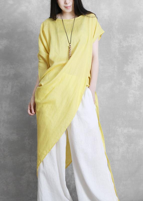 Yellow Clothes for O Neck Asymmetric Clothing Tie Waist Top