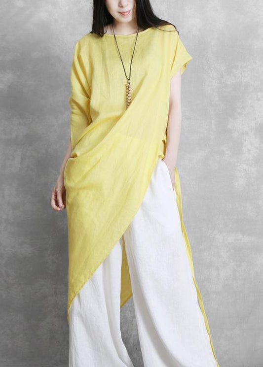 Yellow Clothes for O Neck Asymmetric Clothing Tie Waist Top
