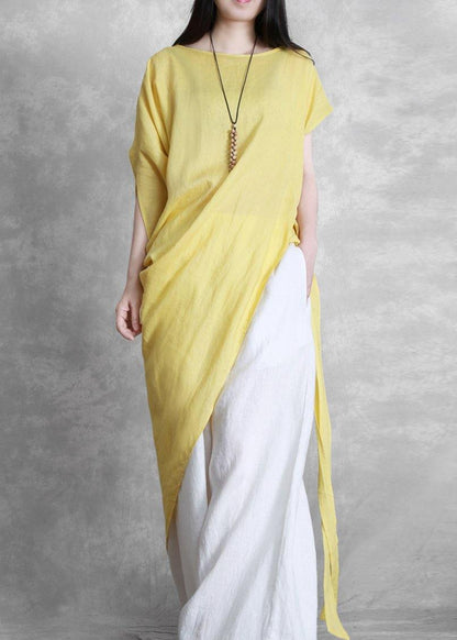 Yellow Clothes for O Neck Asymmetric Clothing Tie Waist Top