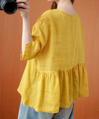 Yellow Clothes O Neck Cinched Dresses Blouse