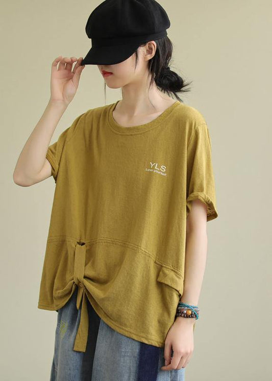 Yellow Cotton Linen Tops Blouses O Neck Letter Clothing Summer Blouses