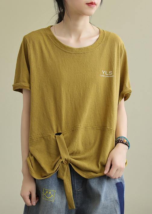 Yellow Cotton Linen Tops Blouses O Neck Letter Clothing Summer Blouses