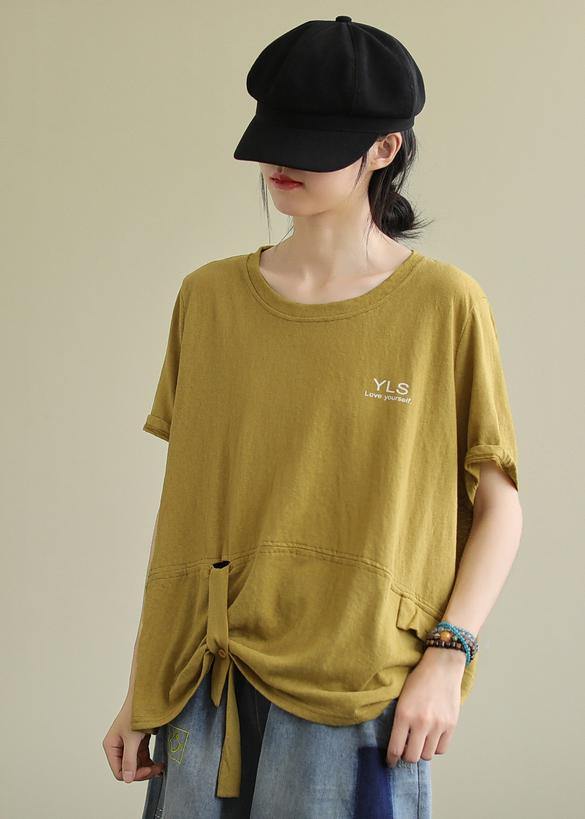 Yellow Cotton Linen Tops Blouses O Neck Letter Clothing Summer Blouses