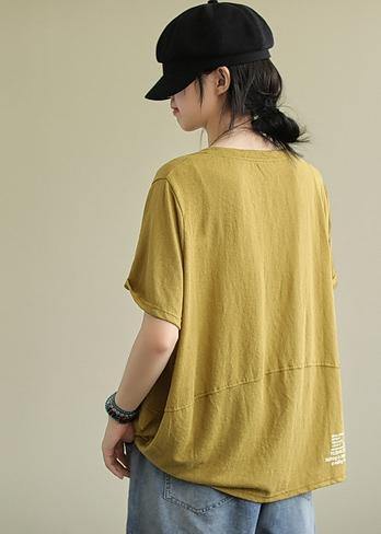 Yellow Cotton Linen Tops Blouses O Neck Letter Clothing Summer Blouses