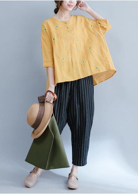 Yellow Embroidery Linen Cotton Top Silhouette Pattern Short Sleeve Summer Shirts