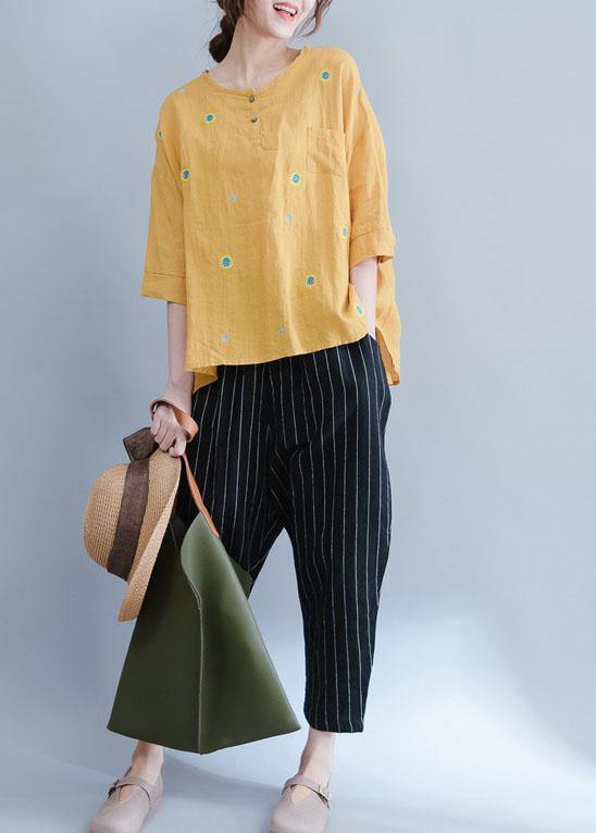 Yellow Embroidery Linen Cotton Top Silhouette Pattern Short Sleeve Summer Shirts