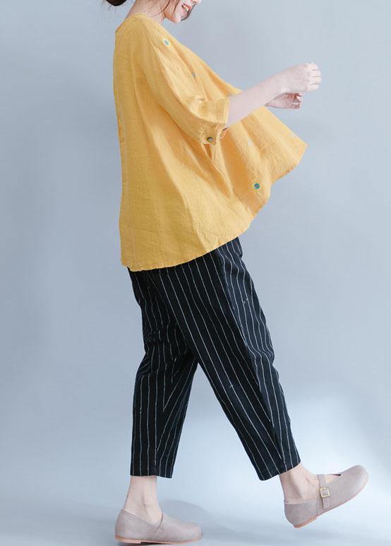 Yellow Embroidery Linen Cotton Top Silhouette Pattern Short Sleeve Summer Shirts