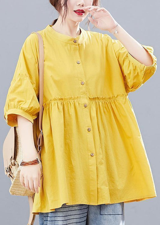 Yellow Lantern Sleeve Cotton Blouses for Stand Collar Art Summer Shirts
