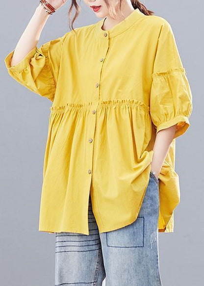 Yellow Lantern Sleeve Cotton Blouses for Stand Collar Art Summer Shirts