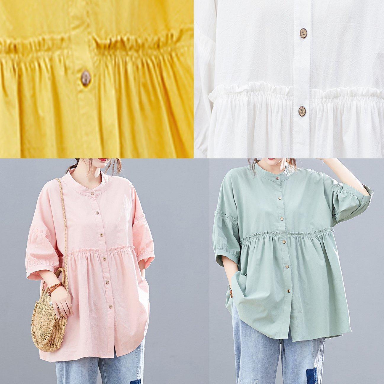 Yellow Lantern Sleeve Cotton Blouses for Stand Collar Art Summer Shirts