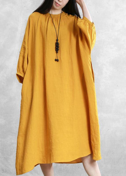 Yellow Linen Dresses O Neck Baggy Cinched Robe Dress
