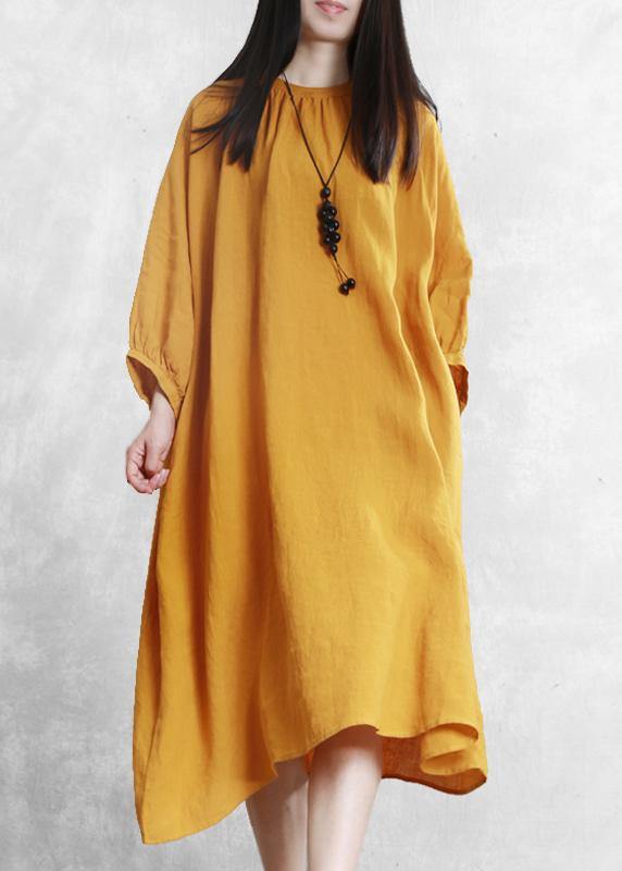 Yellow Linen Dresses O Neck Baggy Cinched Robe Dress