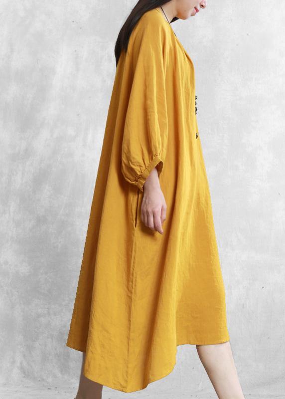 Yellow Linen Dresses O Neck Baggy Cinched Robe Dress