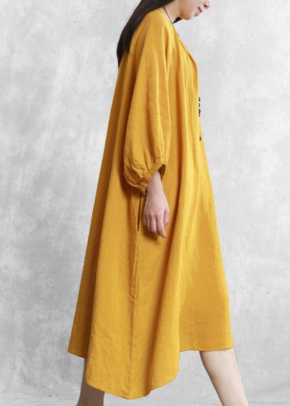 Yellow Linen Dresses O Neck Baggy Cinched Robe Dress