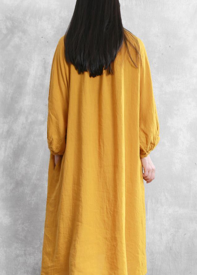 Yellow Linen Dresses O Neck Baggy Cinched Robe Dress