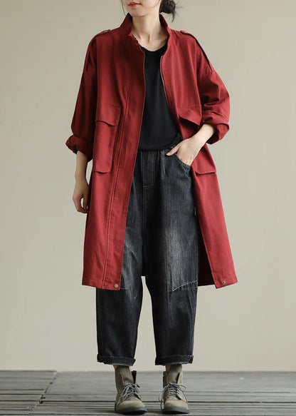 Zippered Pockets Fine Fall Coats Red Baggy Coat