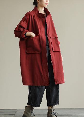 Zippered Pockets Fine Fall Coats Red Baggy Coat