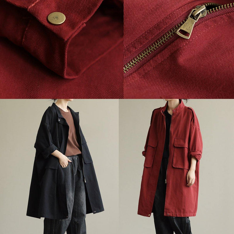 Zippered Pockets Fine Fall Coats Red Baggy Coat