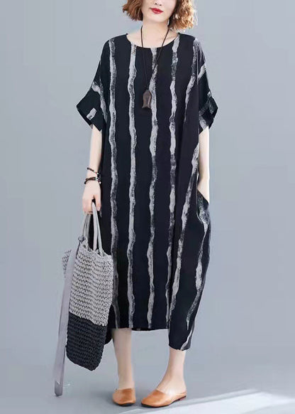 Black Striped Cotton Tunics for Fine Tutorials O-neck Pockets Oversized Summer Dresses