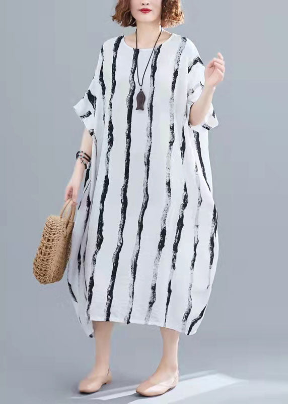 Black Striped Cotton Tunics for Fine Tutorials O-neck Pockets Oversized Summer Dresses