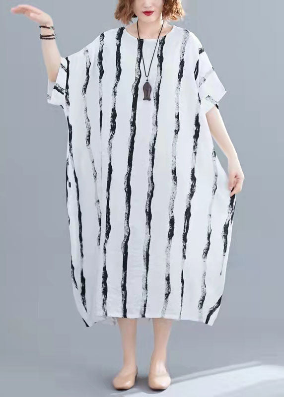 Black Striped Cotton Tunics for Fine Tutorials O-neck Pockets Oversized Summer Dresses