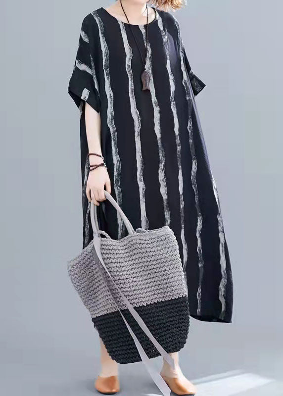 Black Striped Cotton Tunics for Fine Tutorials O-neck Pockets Oversized Summer Dresses