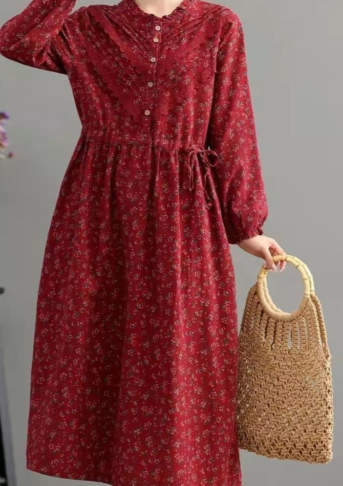 Blue Pockets Print Loose Fall Maxi Dress Long Sleeve